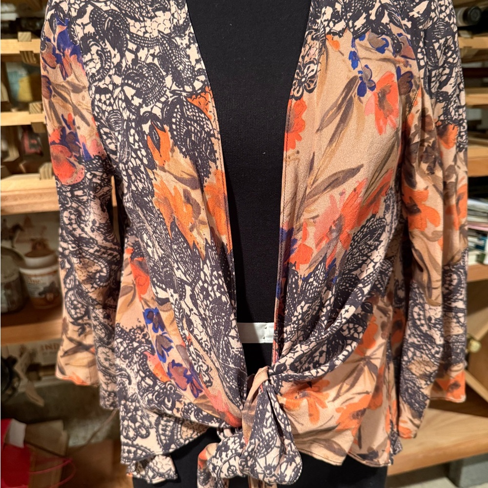 Tianello Beige Cardigan with Orange &‎ Black Floral Print 100% Washable Silk